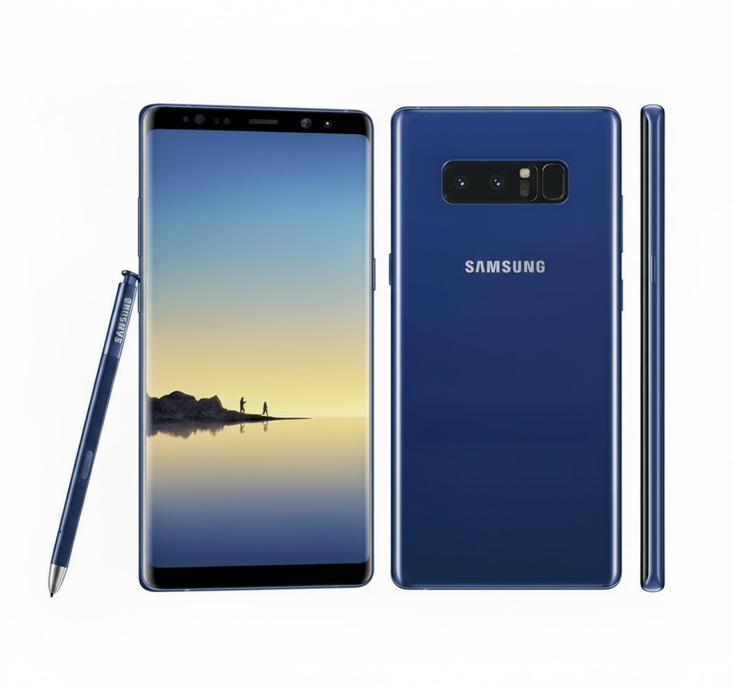 Samsung note 8 smartphone with screen displaying a scenic view, alongside the phone's back and side views.