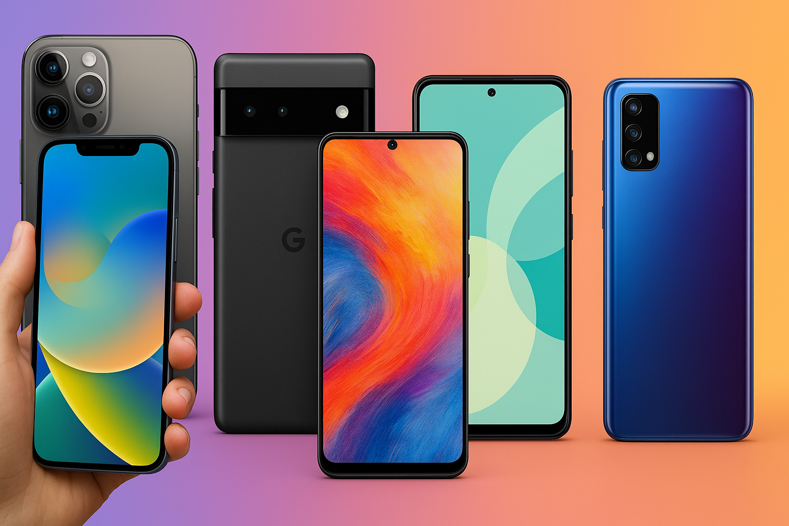 Banner panorámico para colección de Smartphones mostrando una variedad de teléfonos inteligentes renovados de diferentes marcas y modelos en distintos ángulos