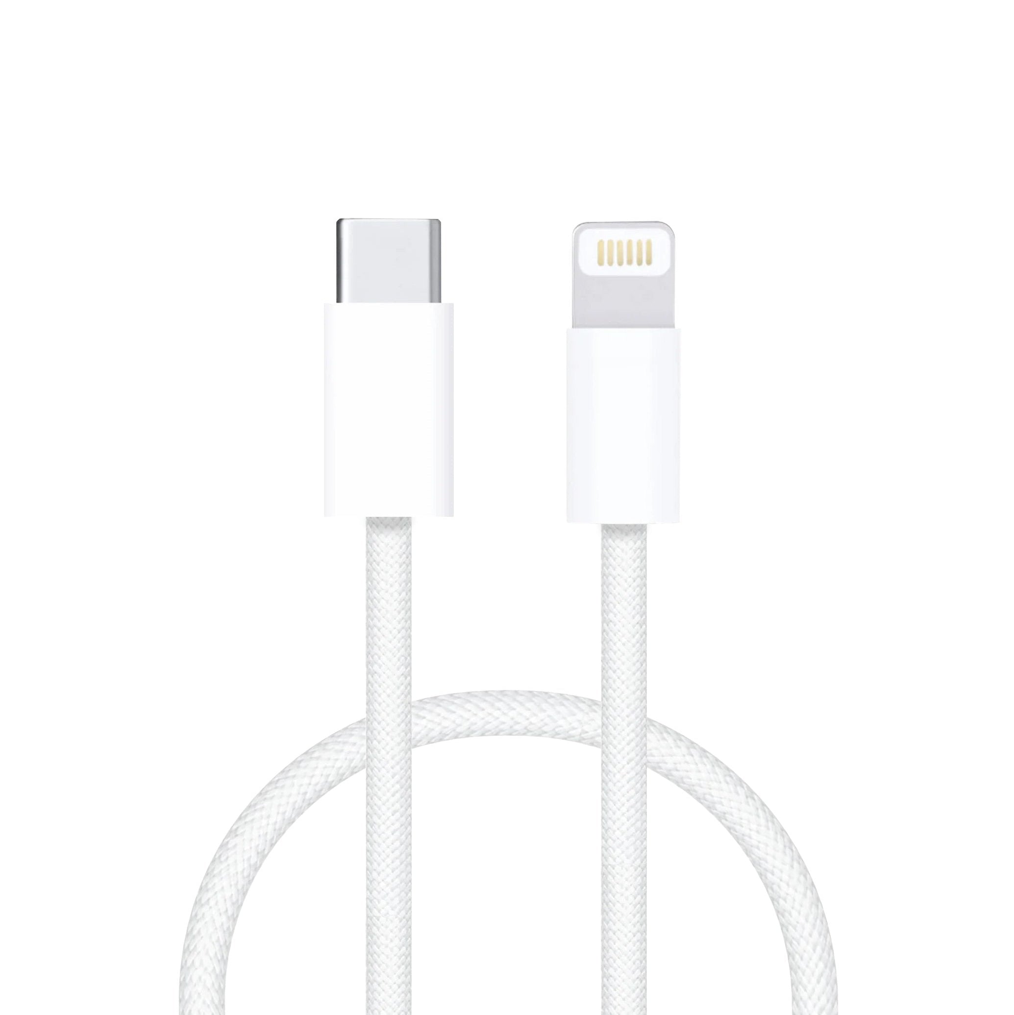 White charging cable with Apple logo on a white background