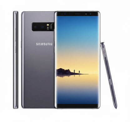 Samsung Note 8 smartphone with stylus on a white background
