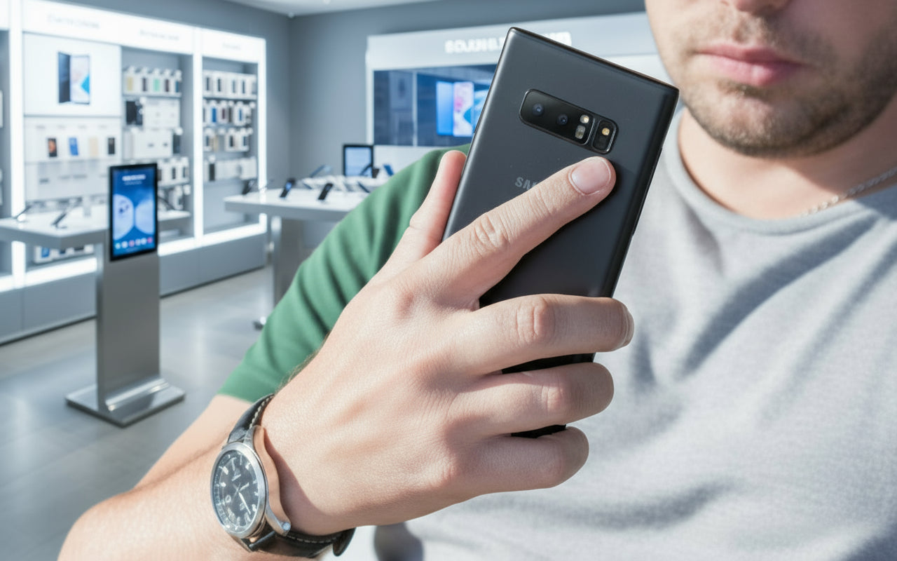 Person holding a smartphone with a wooden surface in the background