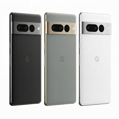 Three smartphone models showing back views with camera setups and Google logo.